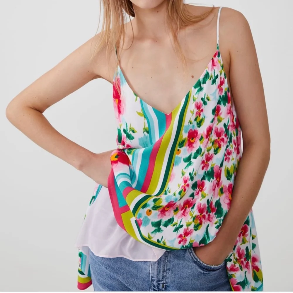 Zara Floral Print Asymmetrical Spaghetti Strap Top Size Medium NWT - Picture 1 of 9